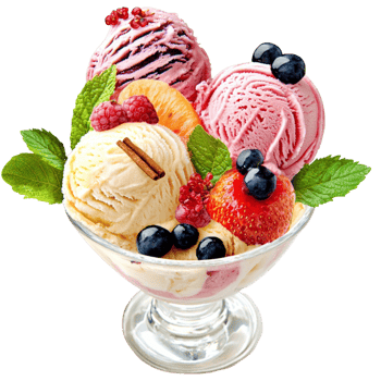 Glass bowl filled with colorful ice cream and fruit toppings png