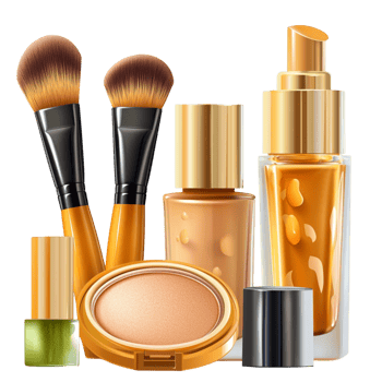 Collection of makeup brushes and various cosmetic products png