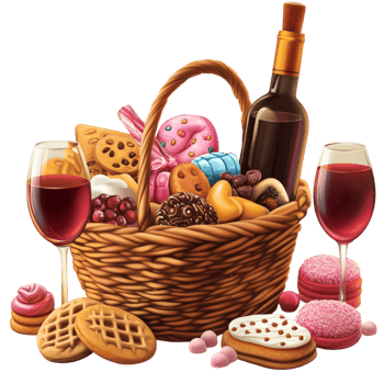 Picnic basket filled with wine fruit and assorted snacks png