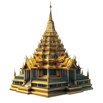 Golden temple with intricate spires against a blue sky png