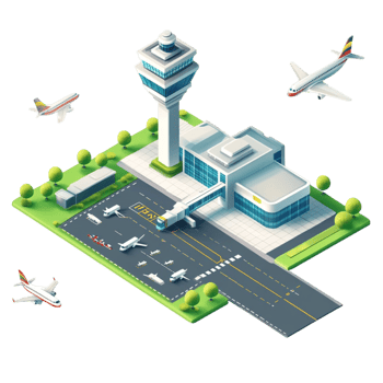 Detailed isometric view of a modern airport and cityscape png