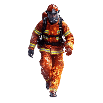 Firefighter in full gear confidently walking towards an unknown blaze png