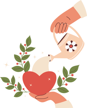 Love. Heart in hand leaves and Garden Watering Can png