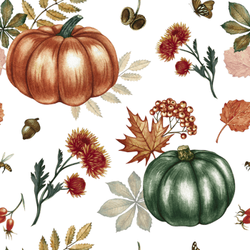 Seamless autumn pattern with pumpkins, leaves and flowers. Handmade watercolor illustration. Color image. For packaging, decor, textiles and wallpaper. As well as for printing and wrapping paper. png