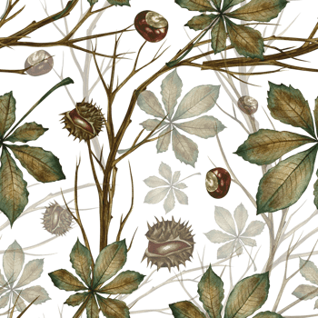 Seamless pattern with autumn chestnut leaves, twigs and fruits. Handmade watercolor illustration. Color image. Great for packaging, decor, textiles and wallpaper, for printing and wrapping paper. png