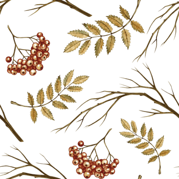 Seamless autumn pattern with berries and leaves of mountain ash. Handmade watercolor illustration. color image. For packaging, decor, textiles and wallpaper, printing and wrapping paper. png