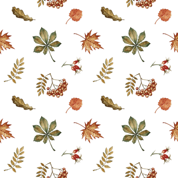 Seamless pattern with different autumn floral elements. Handmade watercolor illustration. Color image. Great for packaging, decor, textiles and wallpaper, for printing and wrapping paper. png