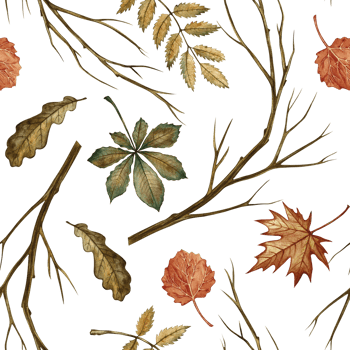 Seamless pattern with different autumn leaves and branches. Handmade watercolor illustration. Color image. Great for packaging, decor, textiles and wallpaper, for printing and wrapping paper. png