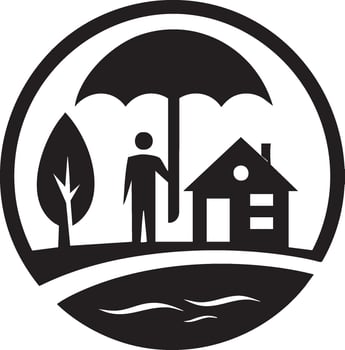 An illustration of a man holding an umbrella over a house and tree vector