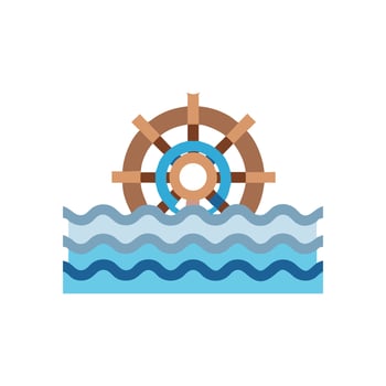 Flat style water wheel illustration on wavy water surface vector
