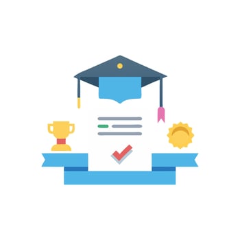 Educational Achievement Flat Icon Displaying Certificate, Hat, and Award vector
