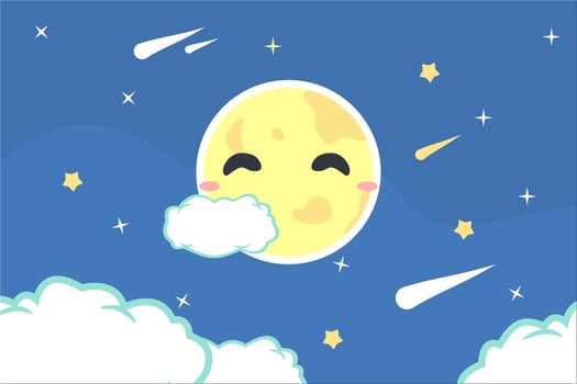 Kawaii night sky with stars and moon. Dreamy background with moon stars and clouds, abstract fantasy background. vector