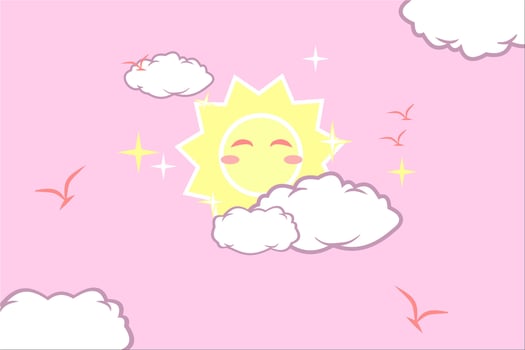 a cartoon sun and clouds on a pink background, sky background, fantasy pastel color vector