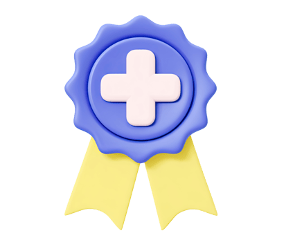 Blue ribbon award badge with medical cross 3D render icon. Represents quality healthcare, certification, or top rating. Isolated transparent graphic seal. png