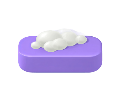 Bar of soap with lather foam 3D render icon. Hygiene, cleaning, washing hands, body care, or sanitation symbol. Isolated transparent graphic product. png