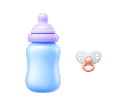 Baby bottle and pacifier 3D render icon. Infant feeding, nursery items, pediatric care supplies concept. Isolated graphic on black background. png