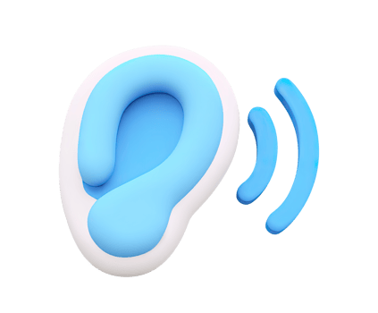 Ear with sound waves 3D render icon. Represents hearing, audiology, sound perception, or ear health. Isolated transparent graphic symbol for medical use. png