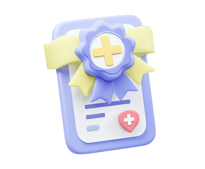 Medical certificate or diploma with ribbon 3D render icon. Represents healthcare qualification, achievement, or award. Isolated transparent graphic document. png