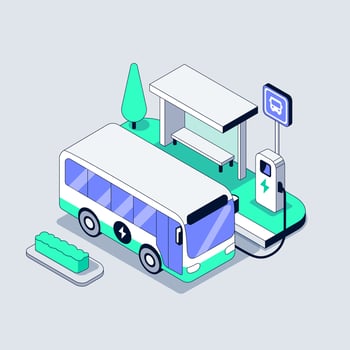 Electric bus is charging at the bus stop. Vehicle arrives at modern charging station with greenery. Smart artificial intelligence optimizes eco friendly city transport. Isometric illustration vector