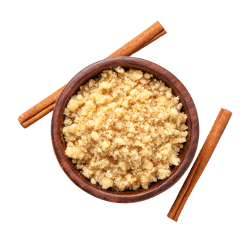 Bowl of crumble with cinnamon sticks isolated on transparent background. png