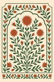 Traditional Floral Folk Art Pattern with Symmetrical Red Flowers and Green Vines on Beige Background vector
