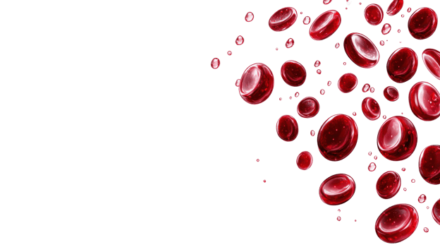 Red blood cells floating against a white background with drops of liquid in motion png