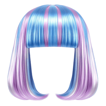 Vibrant blue and pink wig with straight cut and colorful highlights png