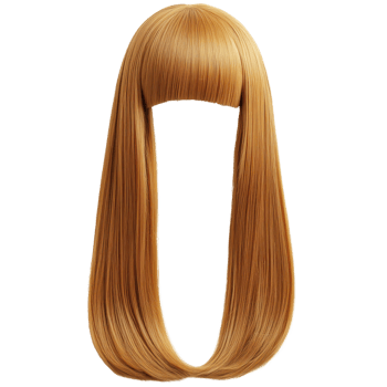 Long straight golden hair wig with a blunt fringe for styling and fashion purposes png