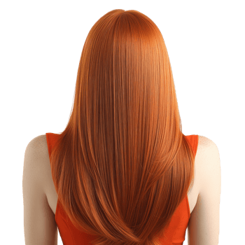 Long vibrant red hair on a woman facing away while wearing a sleeveless orange top png