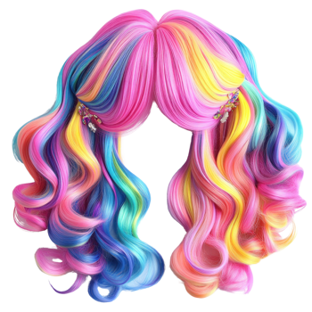 Vibrant multicolored wavy hair with accessories isolated on a white background png