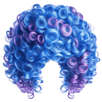 Bright blue curly wig with purple highlights suitable for costumes or theatrical performances png