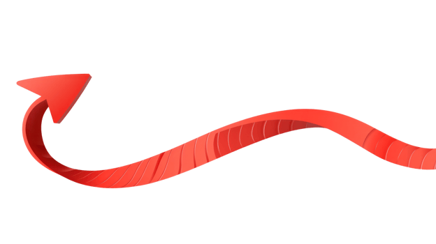 Red arrow indicating upward movement in a flowing wave design isolated on a white background png