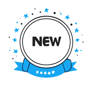 Creative badge design featuring the word new with stars and a ribbon in a vibrant layout png