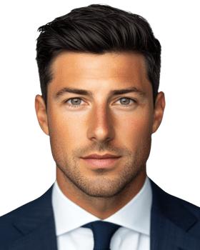 Close up of a young professional man in a formal suit with a confident expression, isolated on a white background png