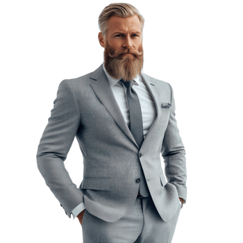 Stylish man in a grey suit with a beard posing confidently against a plain background png
