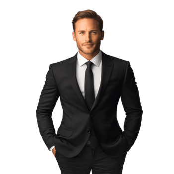 Confident man in black suit and tie with hands in pockets, showcasing professionalism and style png