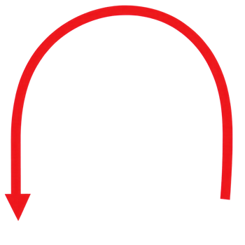 Curved red arrow pointing downwards in isolated display for graphic design use png