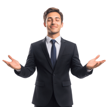 Confident man in suit expressing positivity with open arms against a white background png