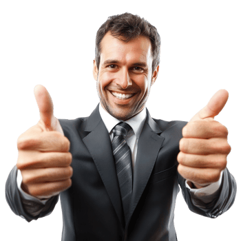 Man in suit giving thumbs up gesture with a smile while posing for a portrait against a white background png