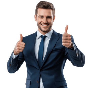 Confident businessman giving thumbs up gesture in professional suit on isolated background png