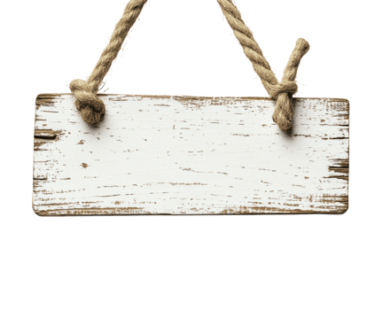 Blank wooden sign with rope hanging on isolated background for creative use in design projects png