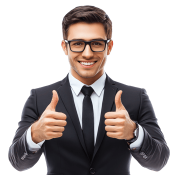 Business professional expressing confidence with thumbs up in a formal suit and glasses png