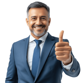 Businessman in suit giving thumbs up with a confident smile in a studio setting png