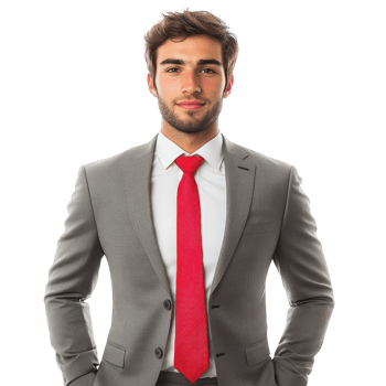 Young man wearing a gray suit and red tie confidently poses with a neutral expression against a white background png