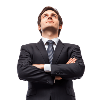 Confident businessman standing with arms crossed and looking upwards in a professional suit png