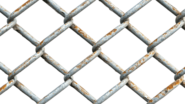 Rusty chain link fence isolated on white background showcasing industrial texture and pattern png