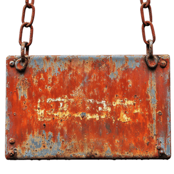 Rusty metal sign hanging from chain with peeling paint in a weathered condition png