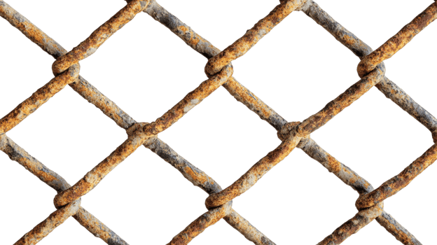 Rusty metal chain link fence with a weathered texture isolated on a white background png