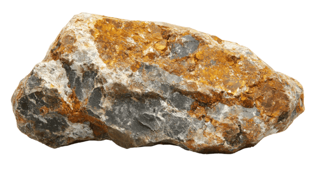 Rock fragment with a mix of gray and orange mineral deposits in isolated view png