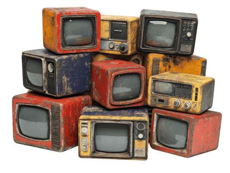 Vintage televisions stacked in a colorful arrangement showcasing retro design and worn textures png